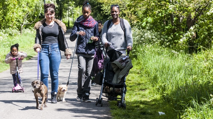 Little girl on scooter, two women walking dogs, one woman with pushchair and boy behind the group on cycle path