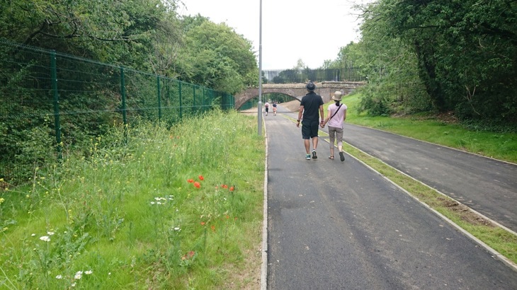 A picture of the Kingston and Merton path after work was completed, the bridge can be seen with a smooth tarmac trail running beneath it.