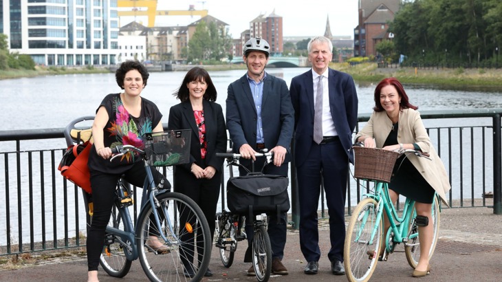 Pictured are South Belfast MLAs Claire Hanna, SDLP; Máirtín Ó Muilleoir, Sinn Féin; Paula Bradshaw, Alliance; Walk Wheel Cycle Trust in Northern Ireland Director, Ashley Hunter and Clare Bailey, Green Party. 