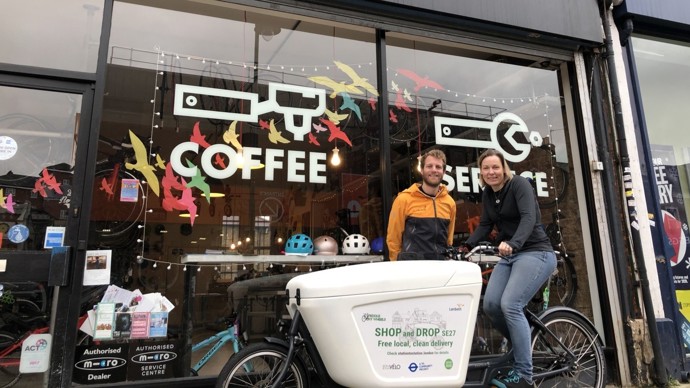 Healthy Street Officer Samuel Dillon with Bon Velo owner Karina Krause. 