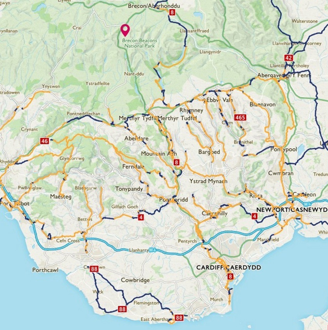 Map of route Cardiff to Brecon